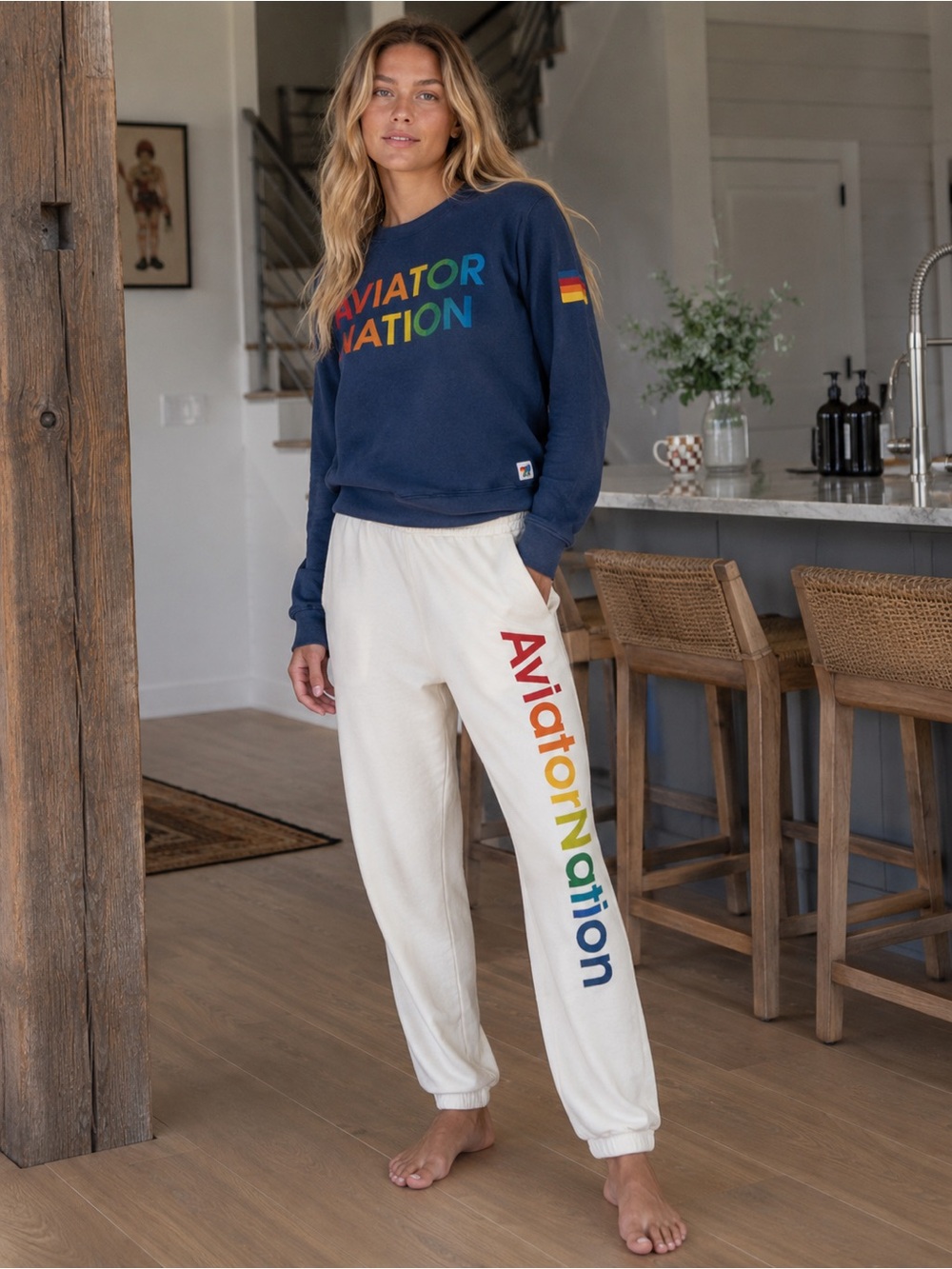 Aviator Nation Austin City Rainbow Logo Sweatpants | Size Large | Vintage White